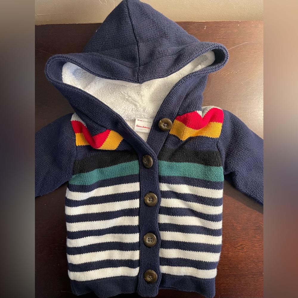 Hanna Andersson Striped Button Front Sherpa Lined Hooded Sweater 18-24mos 80cm